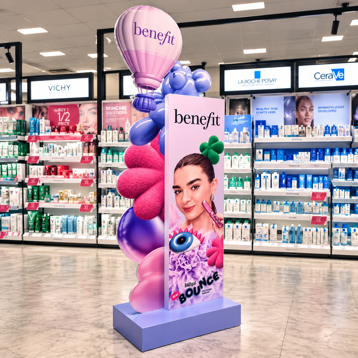 Benefit BADgal Bounce floor display positioned in the Boots skincare aisle