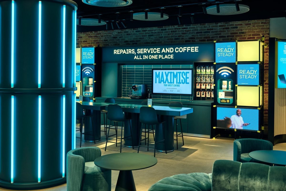 EE Nottingham store interior with 'Repairs, Service and Coffee' bar area