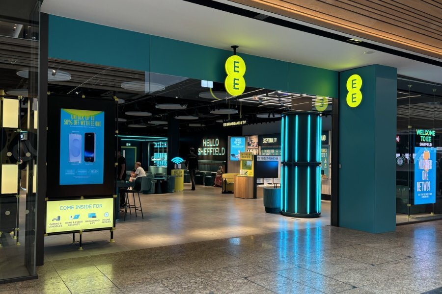 EE Sheffield store entrance with illuminated roundel signage