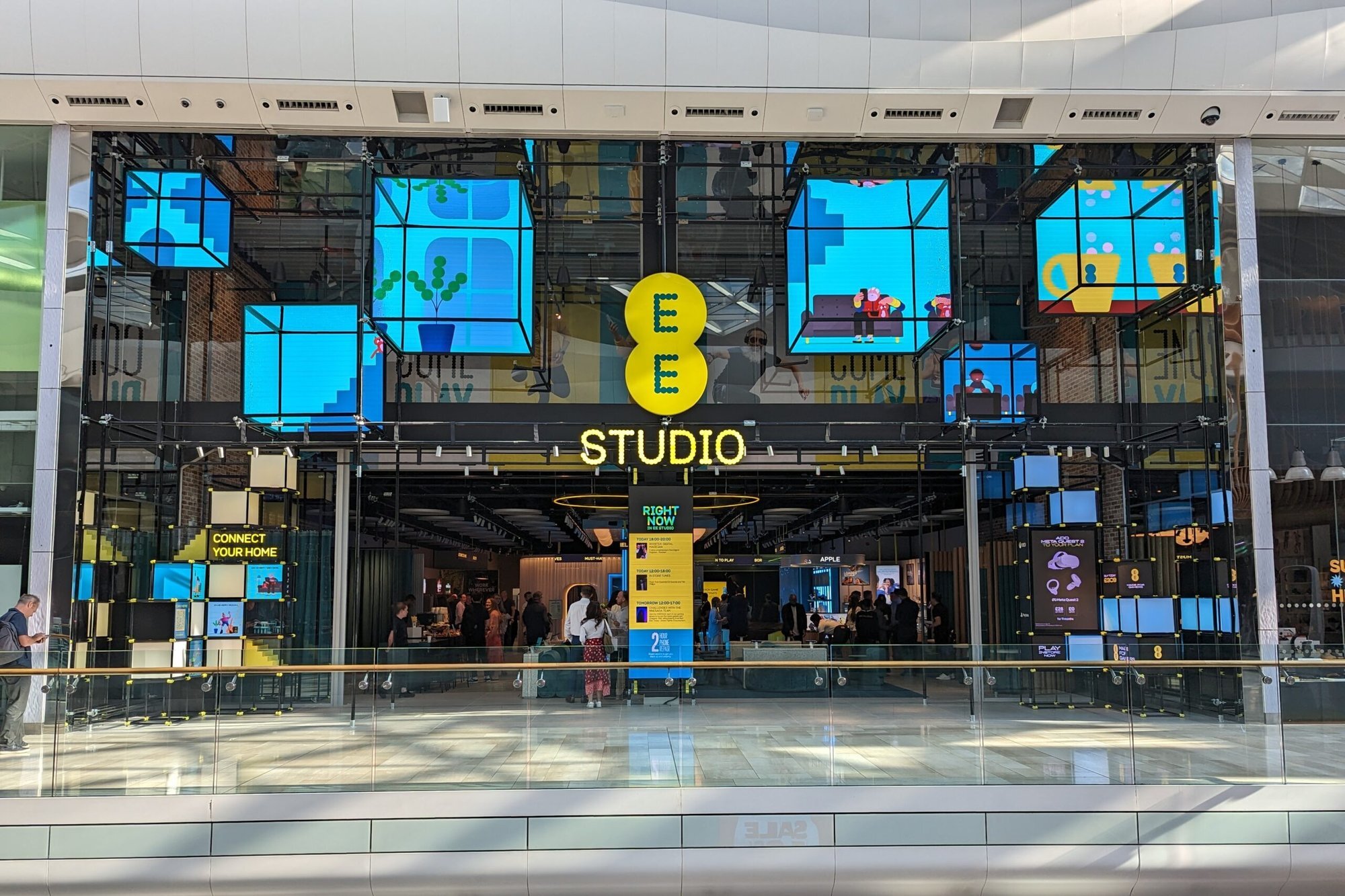 EE Studio storefront at Westfield London with animated digital cube screens