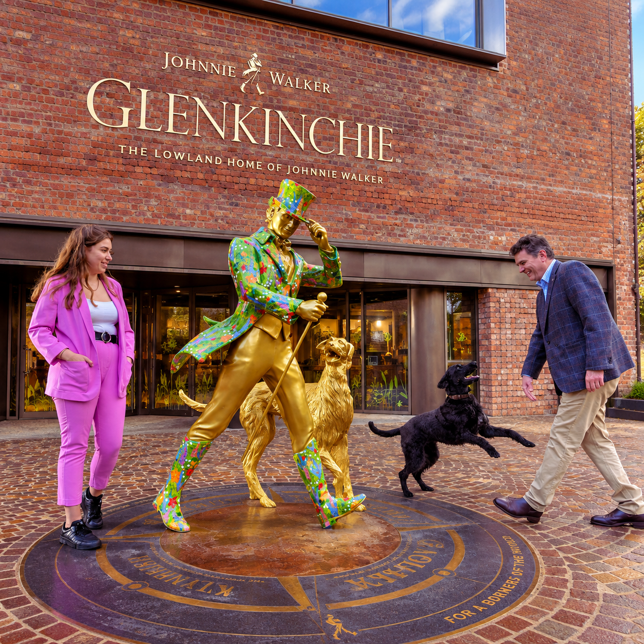 Glenkinchie distillery entrance with the Johnnie Walker statue and outdoor signage