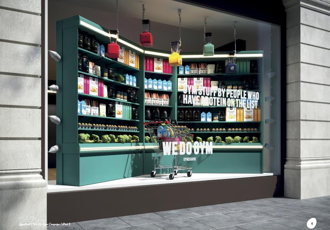 Gymshark 'We Do Gym' grocery-style window display concept with protein snacks and a shopping trolley